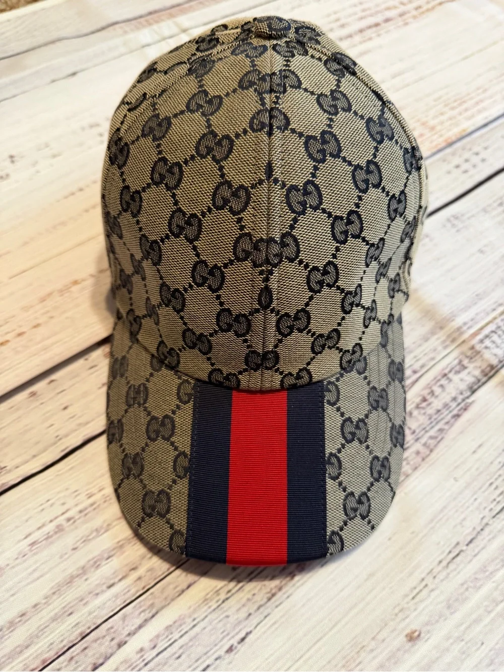 Gucci Beige GG Canvas Baseball Cap with Red & Navy Web Stripe
